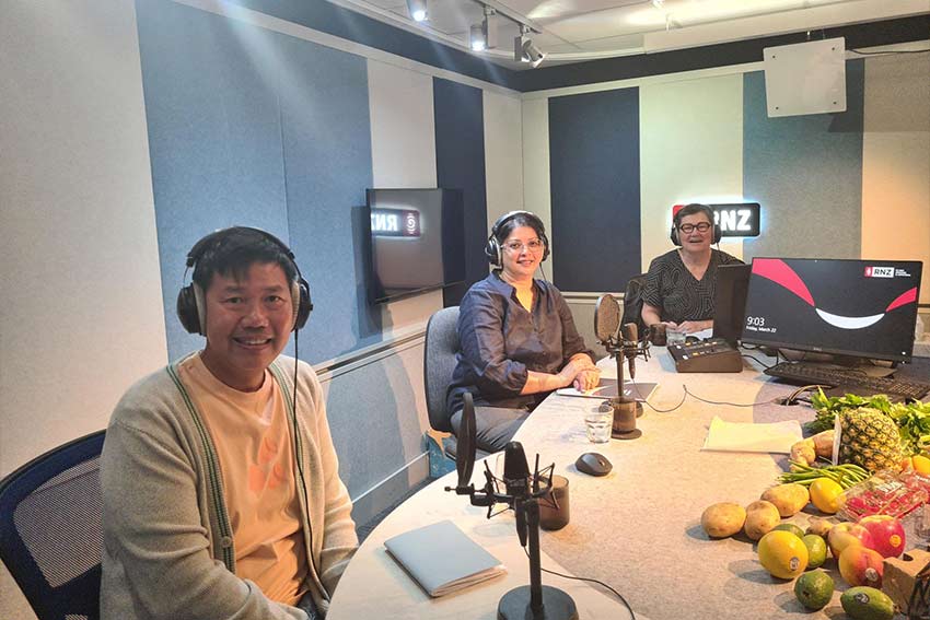 Rita Krishnamurthi (centre) at the Radio New Zealand studio, 22 March 2024. The investigator team was being interviewed about a new HRC-funded dementia research project: Impact of Dementia mate wareware and Solutions for Equity in Aotearoa (IDEA).  